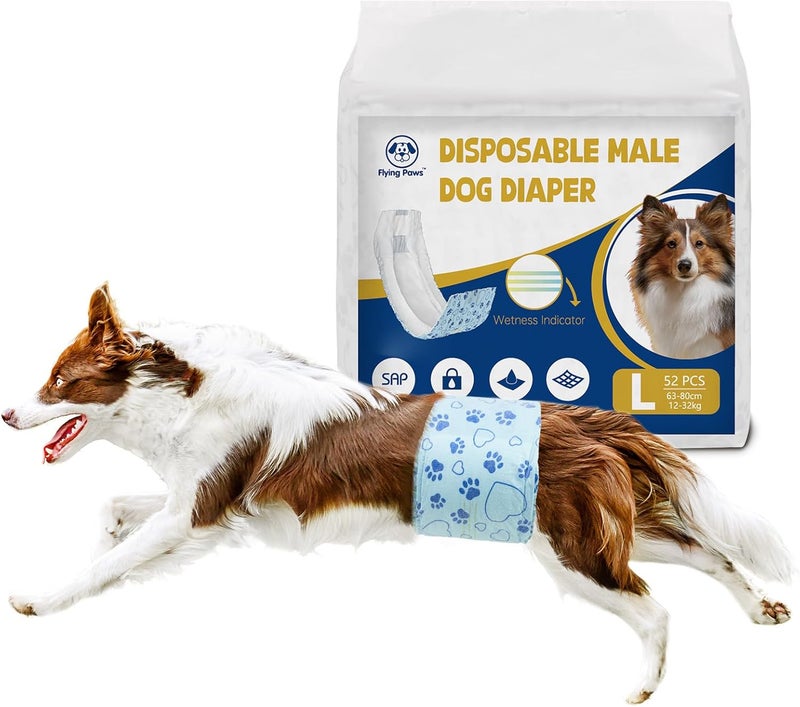 Flying Paws Male Dog Diapers with Wetness Indicator, Disposable Belly Band for Puppy Male Diapers, Doggie Wraps for Puppy Training, Incontinence (L, 52 Count) - Image 1